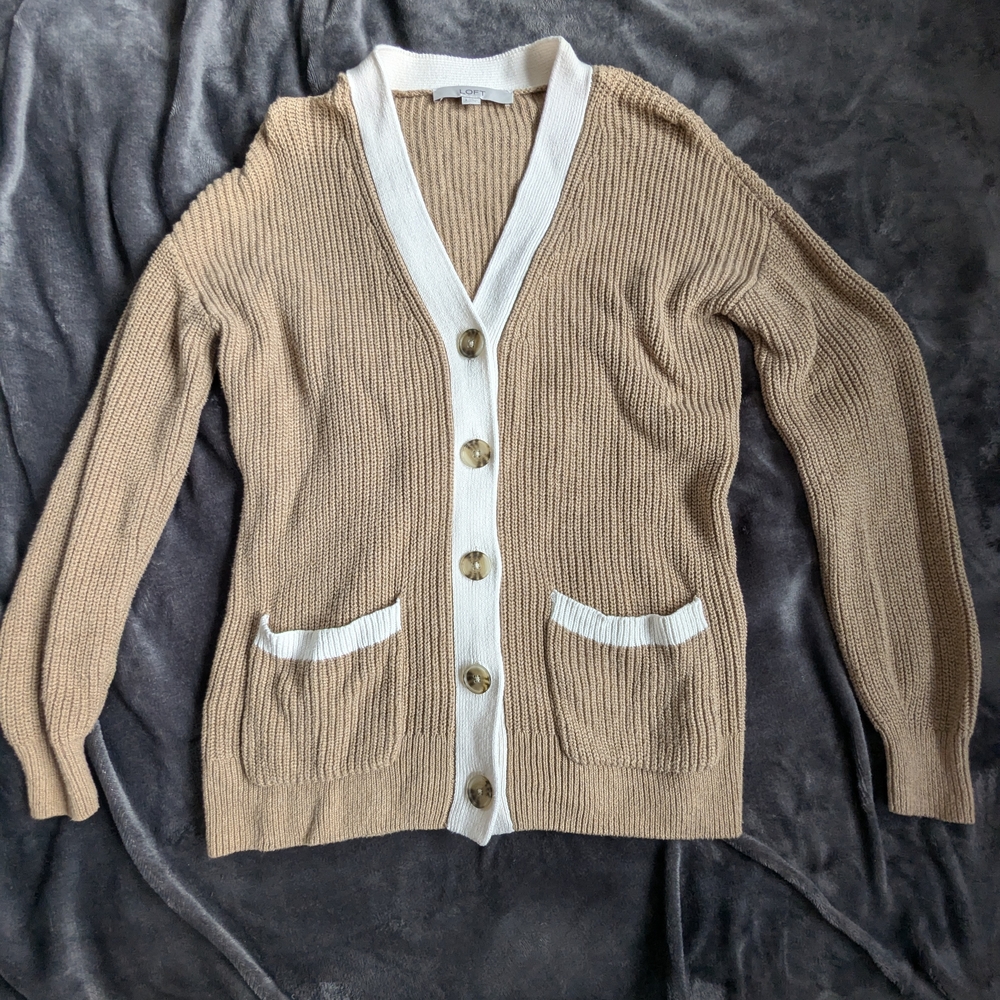 LOFT Tan Cardigan with White Trim and Patch Pockets